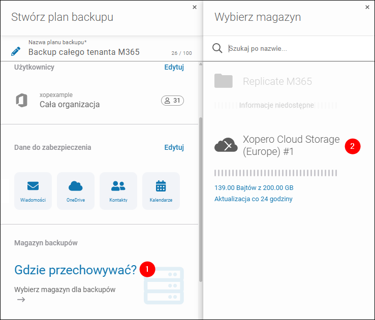 Wybór magazynu na kopie zapasowe Microsoft 365 w Xopero ONE