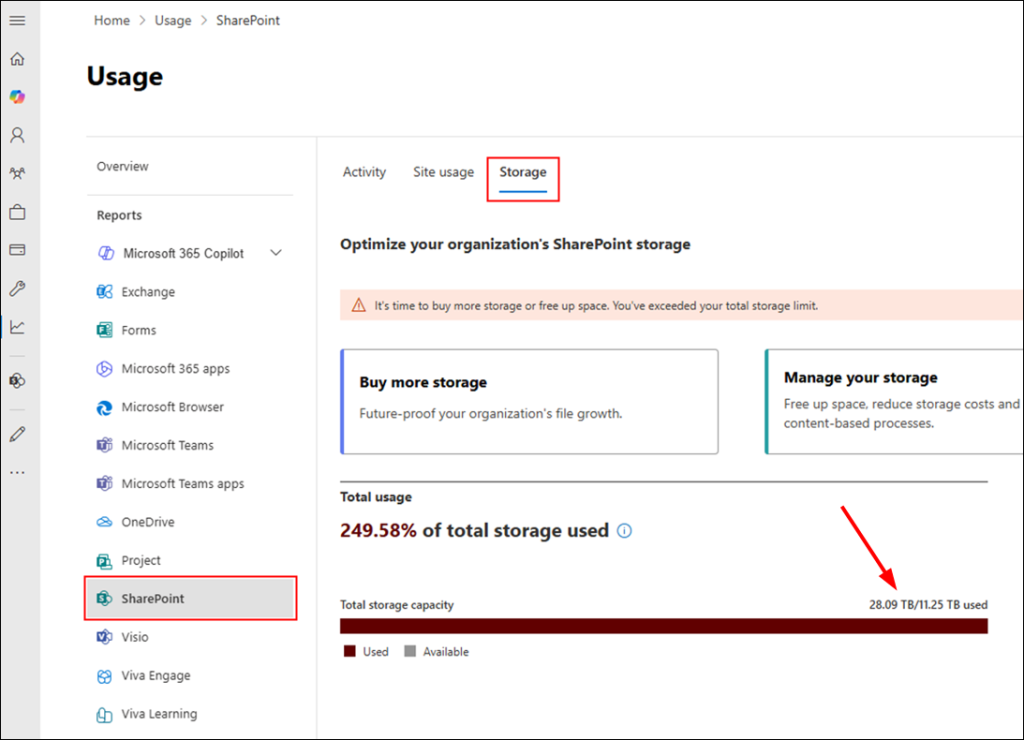 Checking storage usage for individual Microsoft 365 apps