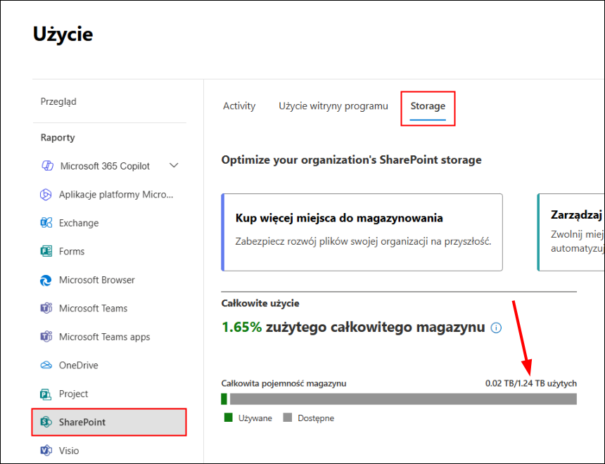 Sprawdzanie zużycia danych dla poszczególnych aplikacji Microsoft 365