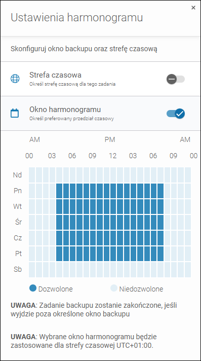 Konfiguracja okna backupu w Xopero ONE