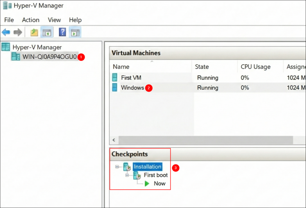 Steps showing how to see checkpoints for a given VM in Hyper-v Manager.