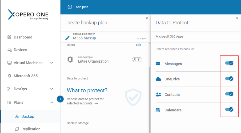 Select which Microsoft 365 apps data you wish to protect with Xopero ONE.