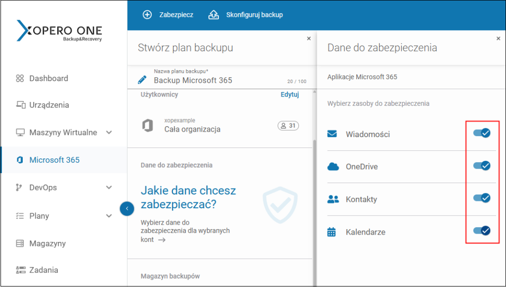 Wybór aplikacji Microsoft 365 (Wiadomości, OneDrive, Kontakty, Kalendarze), które chcesz zabezpieczyć za pomocą Xopero ONE.