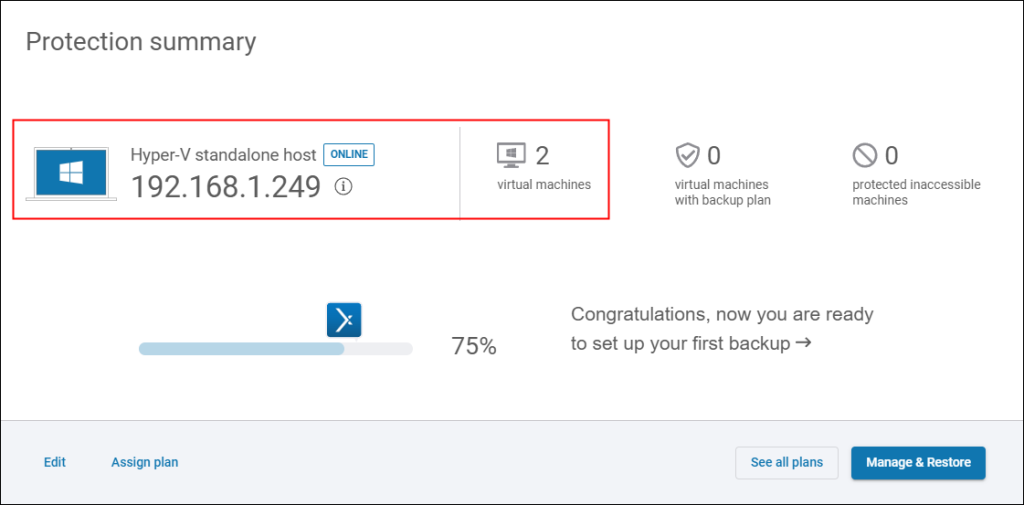 Protected Hyper-V host card in Xopero ONE showing the number of VMs protected with the agentless approach.