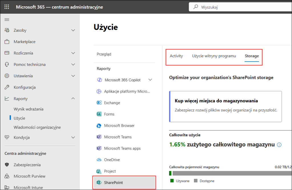 Procedura sprawdzania zużycia danych poprzez poszczególne aplikacji w Centrum administracyjnym Microsoft 365.