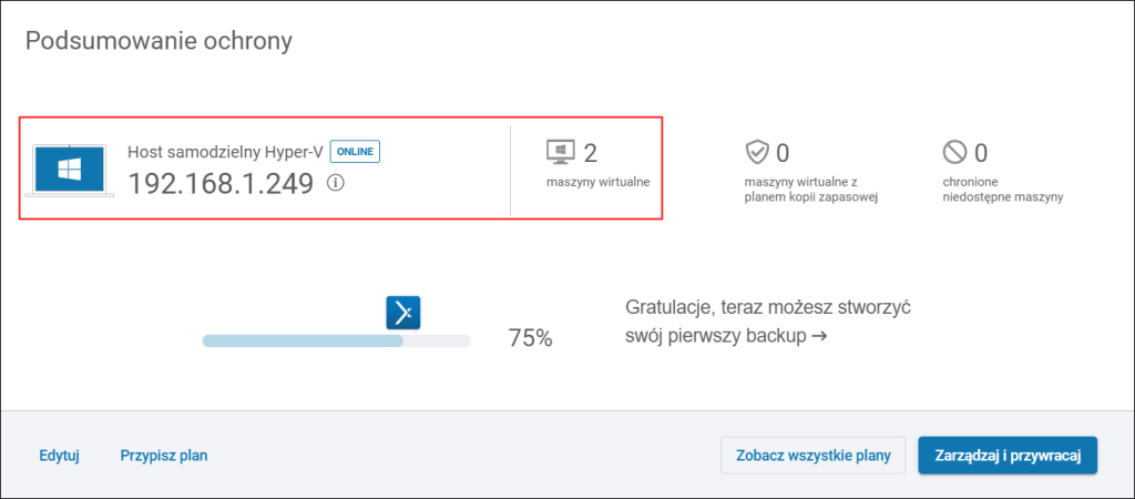 Karta hosta Hyper-V wraz z liczbą maszyn wirtualnych objętych backupem w Xopero ONE.