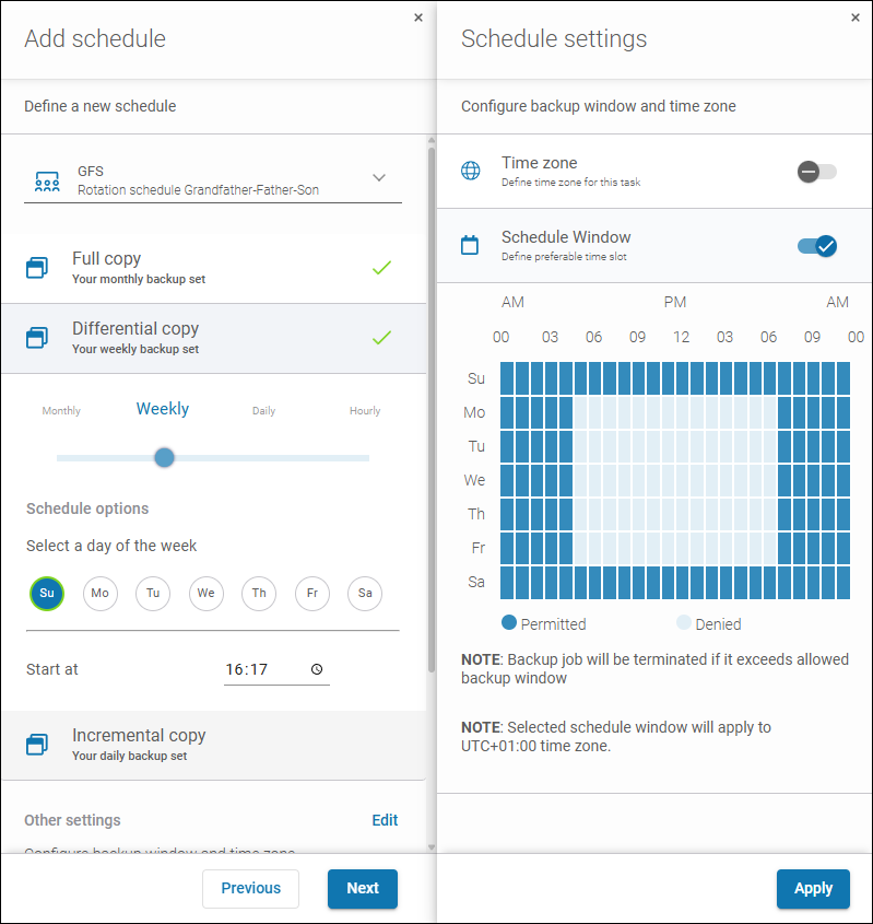 Schedule and backup window settings in Xopero ONE