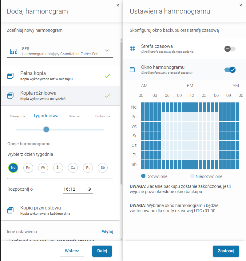 Ustawienia harmonogramu i okna backupu w konsoli Xopero ONE.