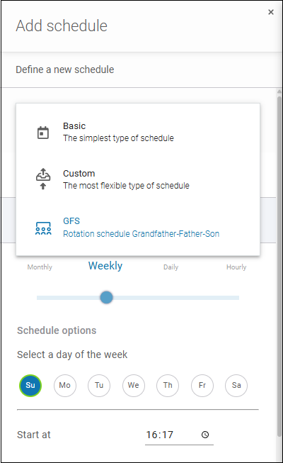 Dropdown list with schedule types available in Xopero ONE for Hyper-V backup plan.