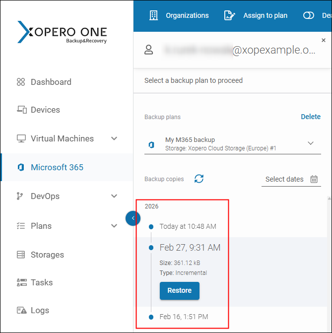Restore Microsoft 365 data from a chosen point in time with Xopero ONE