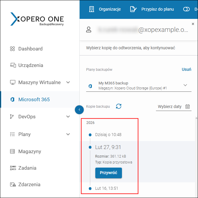 Wybór punktu w czasie, dla którego chcesz przywrócić kopię zapasową Microsoft 365 za pomocą Xopero ONE.