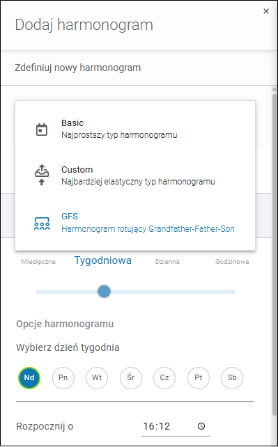 Lista rozwijalna z typami harmonogramu dostępnymi dla backupu Hyper-V w Xopero ONE.