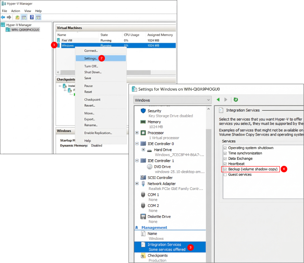 Steps showing how to check if VSS is enabled for a VM in Hyper-V Manager.