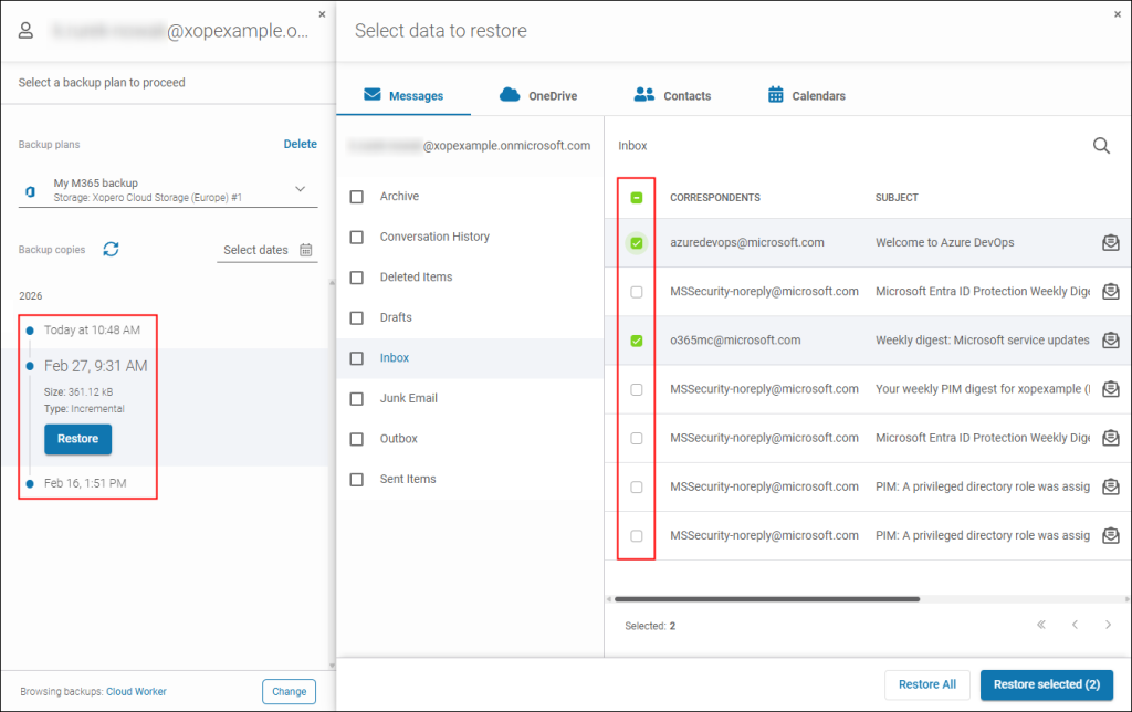 Granularly restore Exchange Online emails or OneDrive files and folders with Xopero ONE.