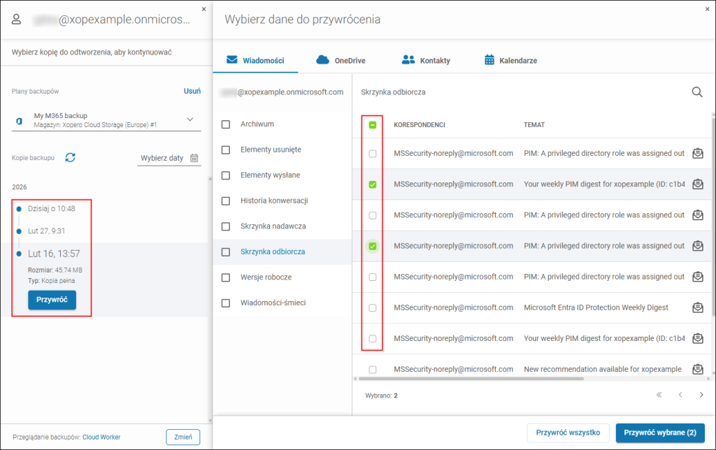 Proces granularnego przywracania w Xopero ONE obejmujący wybór konkretnego punktu w czasie dla kopii, a następnie konkretnych wiadomości e-mail albo plików i folderów OneDrive.
