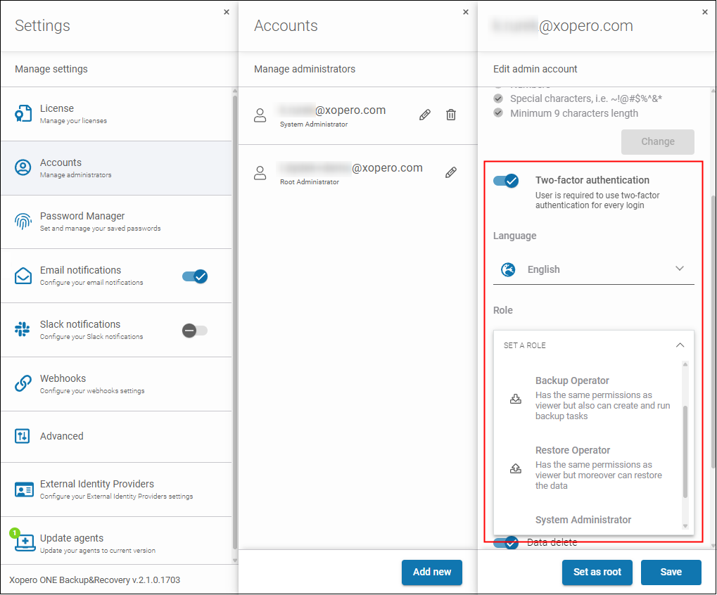 Enable MFA and RBAC in Xopero ONE settings for enhanced Microsoft 365 backup security.