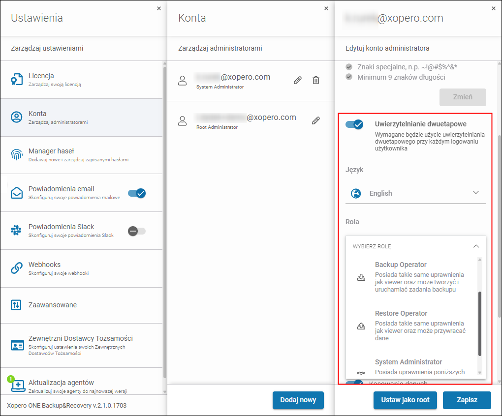 Procedura włączania uwierzytelniania wieloskładnikowego (MFA) i kontroli dostępu opartej na rolach administracyjnych (RBAC) w ustawieniach konsoli zarządzania Xopero ONE.