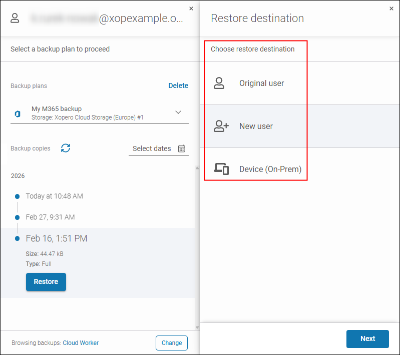 Restore Microsoft 365 data to a different Microsoft 365 account with Xopero ONE for backup testing purposes