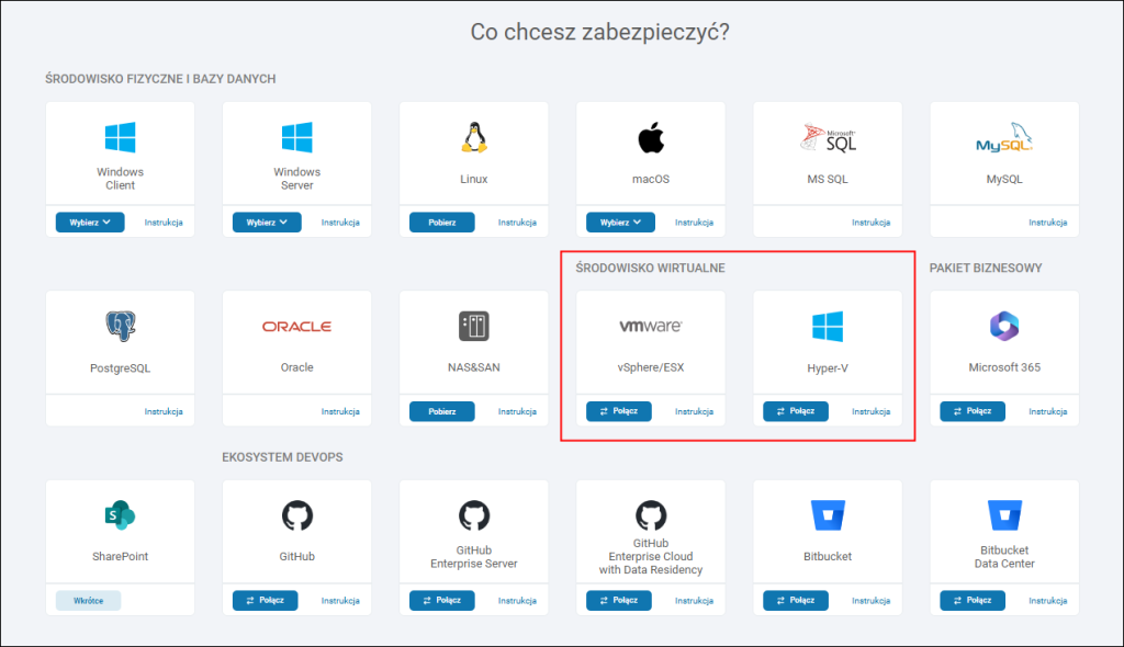 Kafelki z dostępnymi środowiskami do zabezpieczenia przez Xopero ONE - aby dodać hosta VMware albo Hyper-V, kliknij Połącz na kafelku.