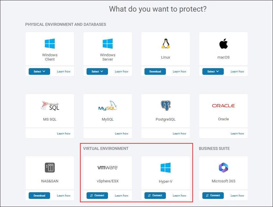 Available environments in Xopero ONE – to add a VMware or Hyper-V host, click "Connect" on the respective tile.
