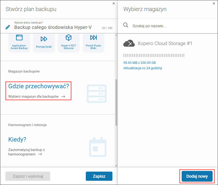 Opcja Gdzie przechowywać? w oknie Stwórz plan backupu pozwala w nowym panelu wybrać magazyn na dane backupu albo dodać zupełnie nowy magazyn obsługiwany przez Xopero ONE.
