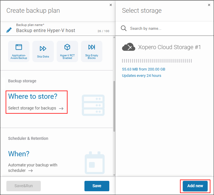 The "Where to store?" option opens a pane where you can select an existing storage repository or add a new one supported by Xopero ONE.