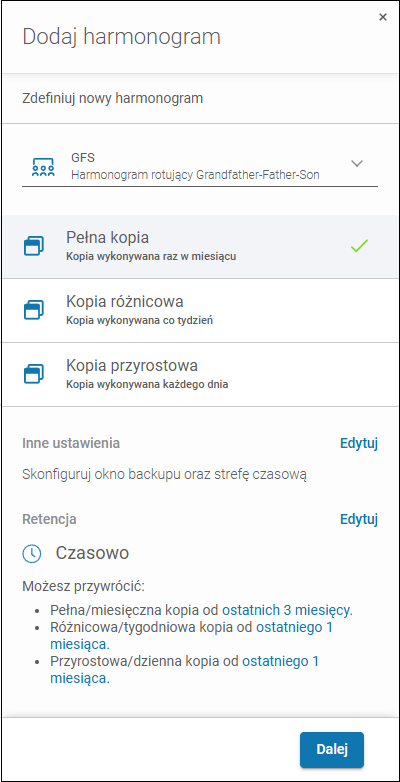 W panelu Dodaj harmonogram Xopero ONE można skonfigurować wszystkie aspekty harmonogramu backupu: schemat, godzinę i dzień dla konkretnych typów kopii (np. pełna czy przyrostowa), okno backupu i długość retencji danych.
