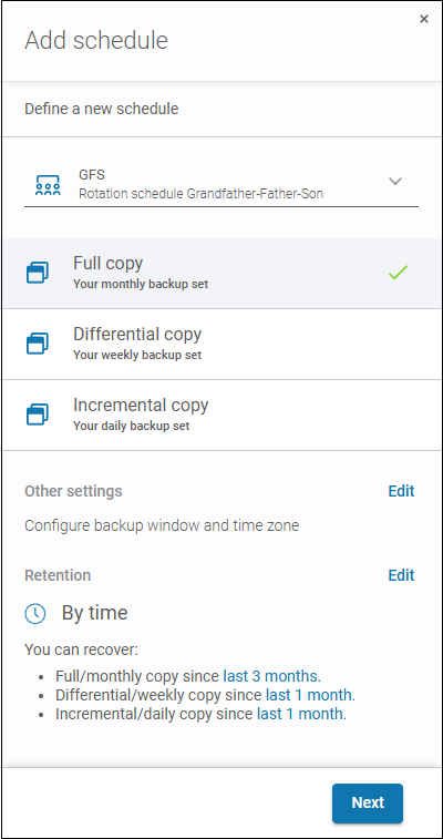 The "Add schedule" pane allows you to configure all backup scheduling aspects: backup scheme, time and day for specific copy types (e.g., full or incremental), backup window, and retention period.