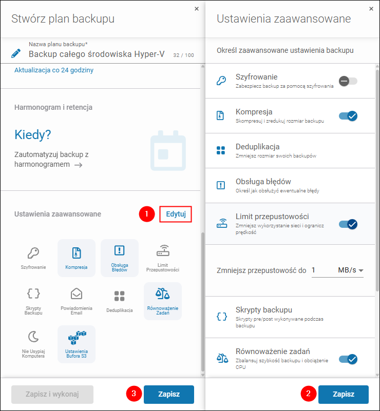 Na koniec konfigurowania planu backupu kliknij Edytuj w obszarze Ustawienia zaawansowane, aby skonfigurować zaawansowane opcje backupu, np. kompresję, szyfrowanie, deduplikację czy limit przepustowości.