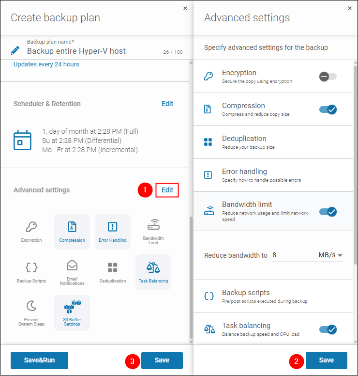 At the end of the configuration, click "Edit" in the "Advanced settings" area to set options such as compression, encryption, deduplication, or bandwidth limits.
