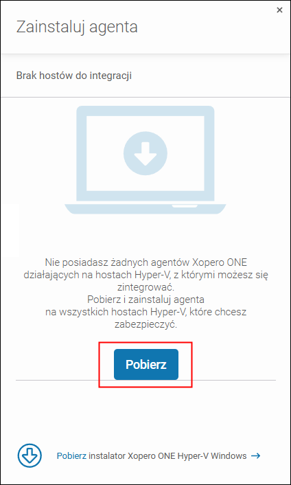 Panel z przyciskiem do pobierania agenta backupu Hyper-V - kliknij Pobierz, aby rozpocząć pobieranie.