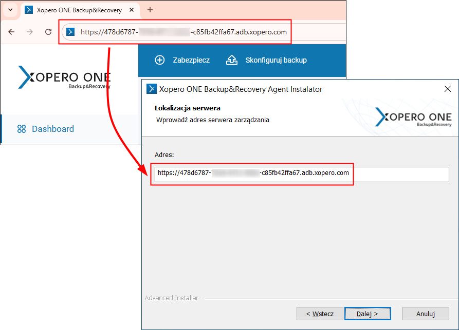 Skopiuj adres konsoli zarządzania Xopero ONE z pasku adresu przeglądarki do instalatora agenta, aby połączyć agenta z konsolą.
