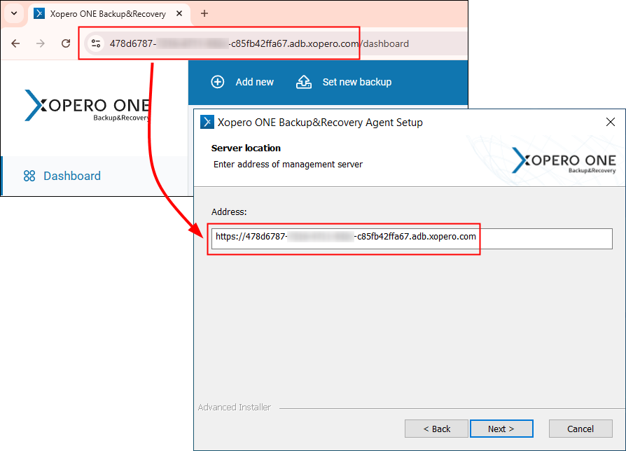 Copy the Xopero ONE management console address from the browser's address bar into the agent installer to link the agent with the console.