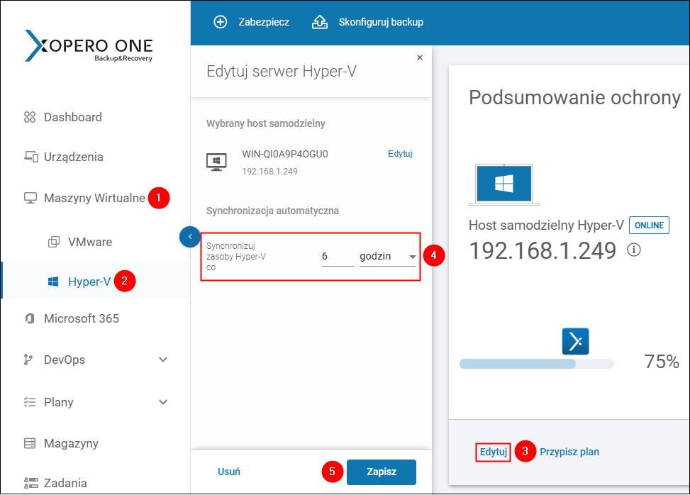 W okienku Edytuj serwer Hyper-V Xopero ONE możesz zmienić częstotliwość synchronizacji środowiska Hyper-V.