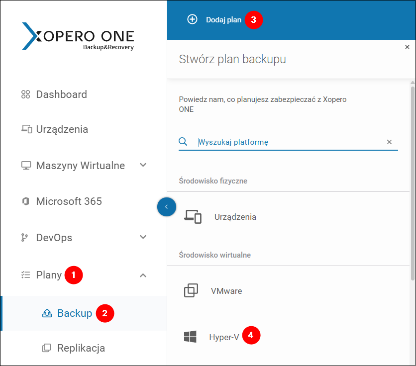 Proces rozpoczynający tworzenie planu backupu Hyper-V w Xopero ONE - wybierz Plany, a następnie Backup w menu głównym, kliknij Dodaj plan i wybierz Hyper-V z listy w wyświetlonym panelu.