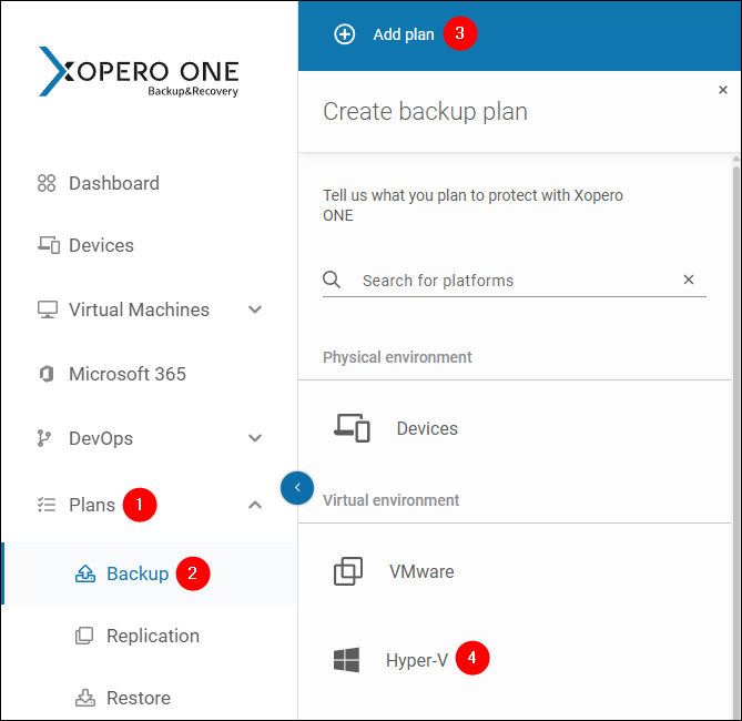 Starting a Hyper-V backup plan in Xopero ONE – go to "Plans" and "Backup", click "Add plan," and choose "Hyper-V" from the list.
