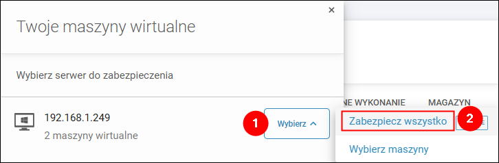 Aby zabezpieczyć wszystkie maszyny wirtualne w obrębie hosta, kliknij Wybierz obok adresu hosta i z menu rozwijalnego wybierz opcję Zabezpiecz wszystko.