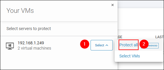 To protect all virtual machines on a host, click "Select" next to the host address and choose "Protect all" from the dropdown menu.