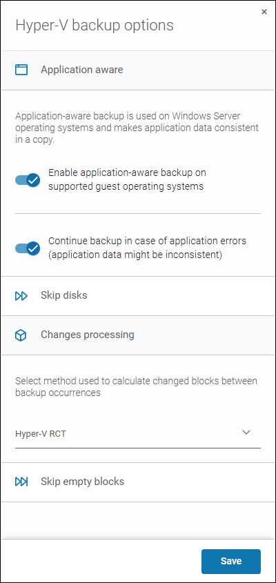 The "Hyper-V backup options" window includes settings for application-aware backup, disk exclusion, RCT, and empty block skipping. Click "Save" to apply.