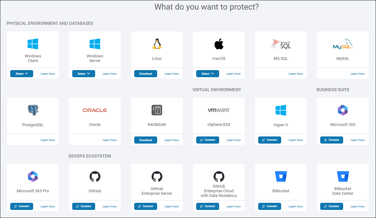 Tiles with workloads that can be protected with Xopero ONE: physical environments, databases, virtual environments, Microsoft 365, DevOps platforms, Jira, Confluence.