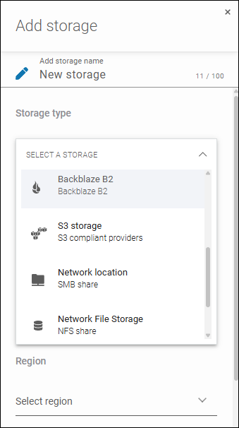 Dropdown list of backup storage types supported by Xopero ONE: Azure, Google Cloud Platform, AWS, Backblaze, S3 Cloud, network location, NFS share.