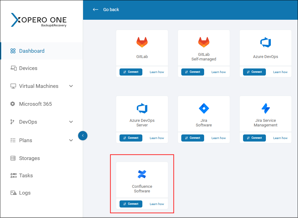 Xopero ONE enables backup of the Atlassian Confluence environment — click Connect on the tile to start the integration