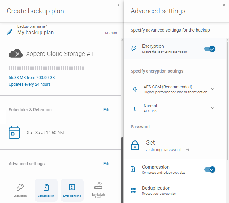 Advanced backup plan settings in Xopero ONE: AES encryption, compression, deduplication, error handling, and more.