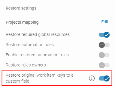 A toggle that allows restoring original Jira issue keys to a custom field.