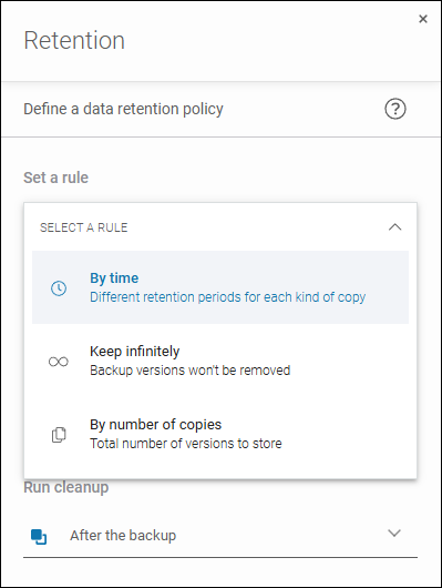 Flexible retention settings in Xopero ONE – time-based, unlimited, or by the number of copies.