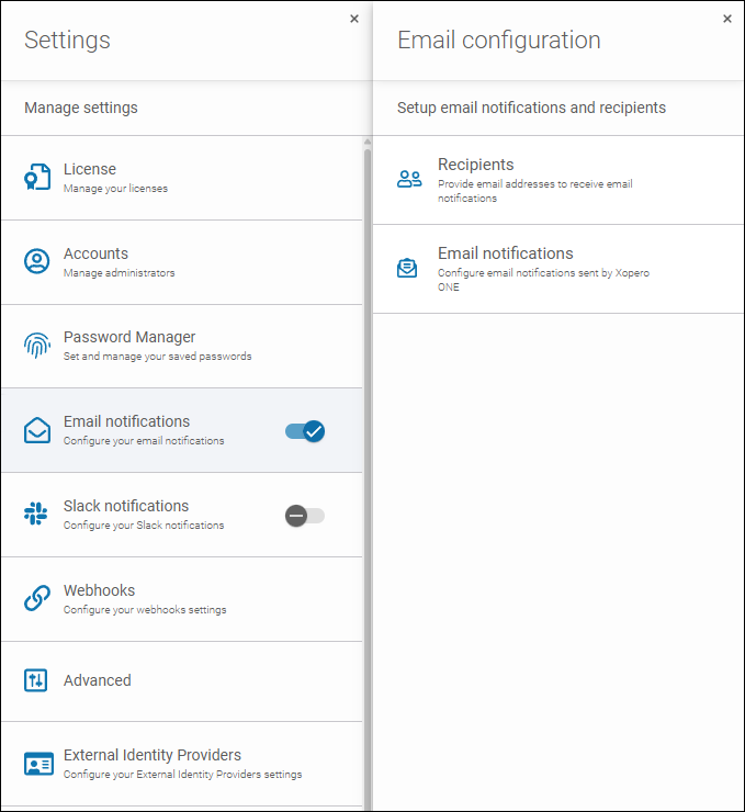 Email notification configuration options in Xopero ONE settings.