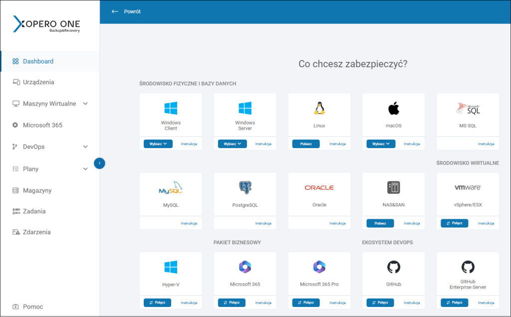 Korzystanie z kafelków na głównym Dashboardzie Xopero ONE w celu zainicjowania procesu integracji z wybranymi środowiskami do zabezpieczenia.