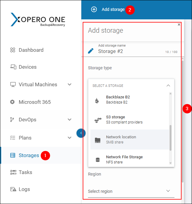 Steps to add a new storage location for backups in Xopero ONE.
