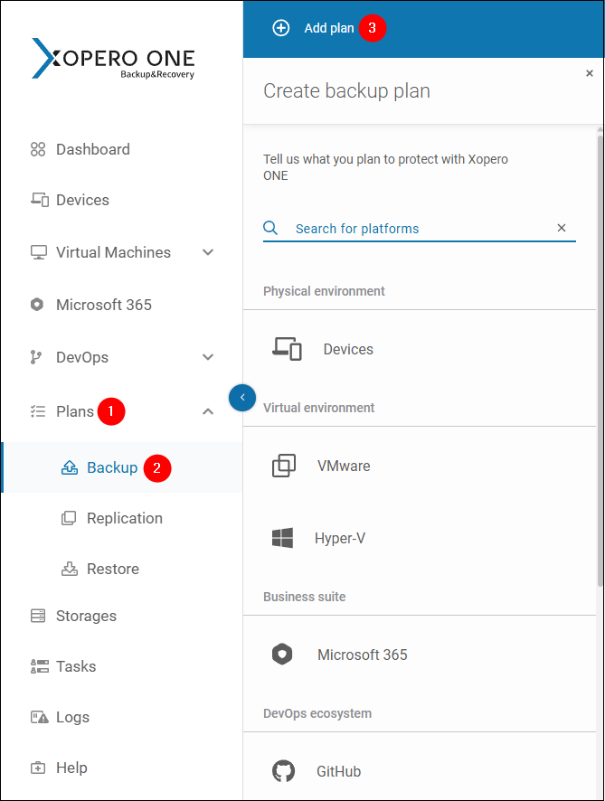 Steps to start configuring a new backup plan in Xopero ONE.