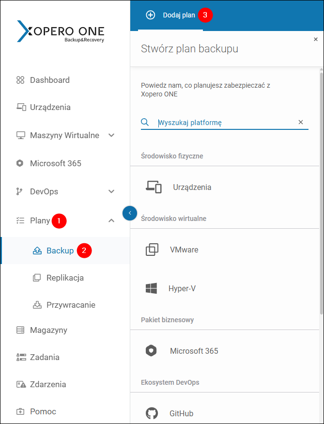 Kroki inicjujące utworzenie nowego planu backupu w Xopero ONE.